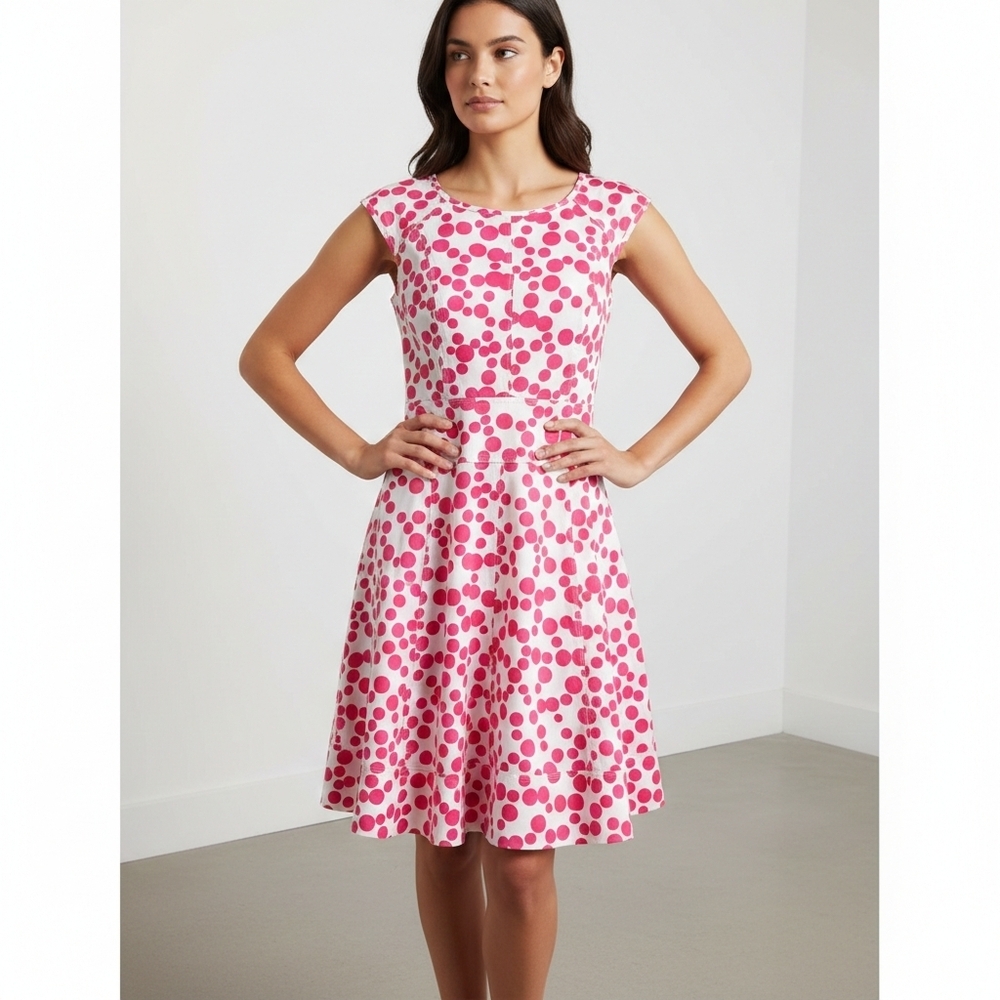 Maggy London Pink and White Polka Dot Midi Dress With Pockets Size 14